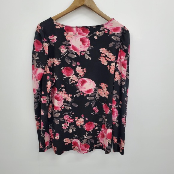 NWT Black Pink Floral Long Sleeve Sweetheart Neck Stretch Romantic Top Womens 0X - Picture 2 of 15